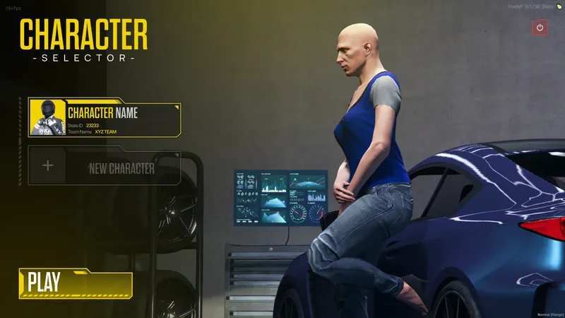Cinematic character selector with garage backdrop