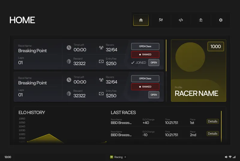 Racing hub with race lobbies and ELO ranking