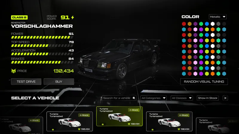 Vehicle dealership with stats, pricing, and colour tuning